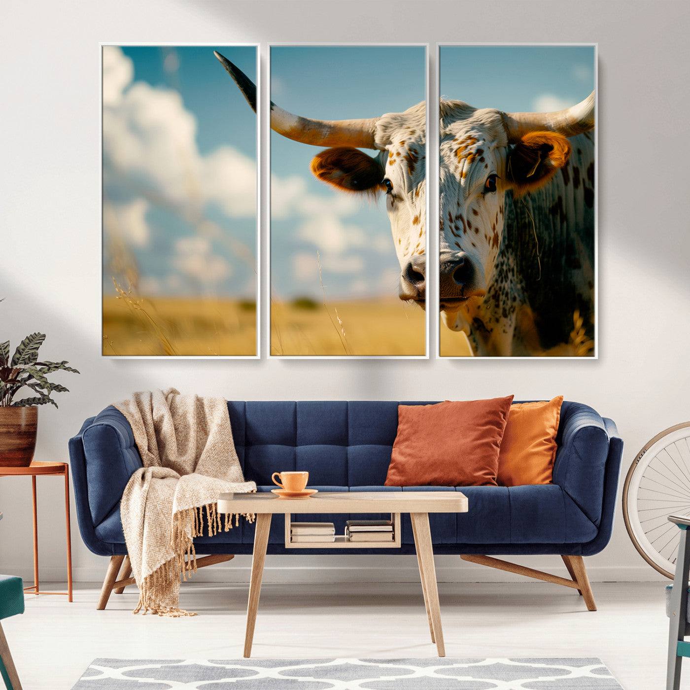 MGV-FC-48X32-3P - Longhorn in the Prairie - Stunning Ranch-Style Triptych Wall Art for Western Home Decor, Cowboy Wall