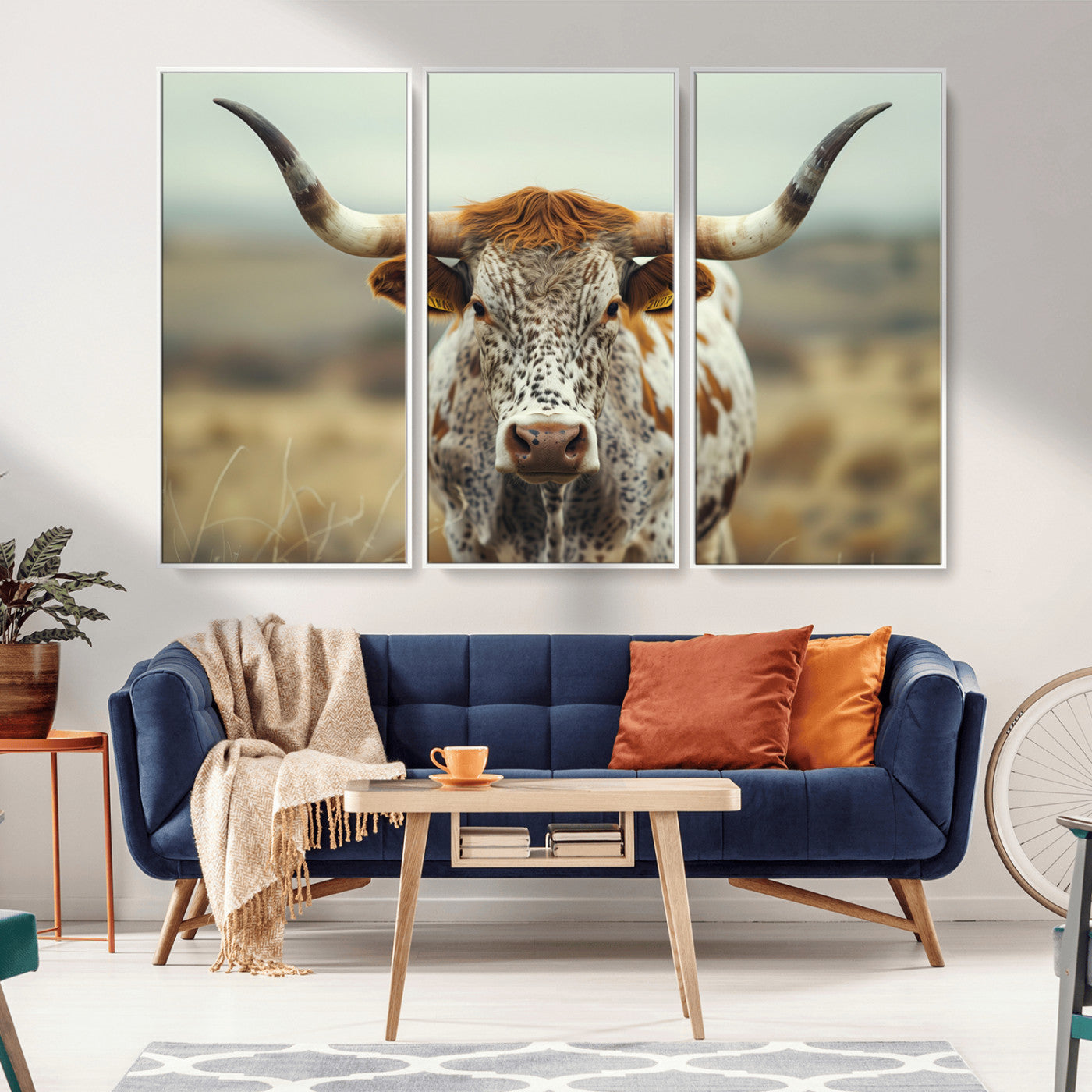 MGV-FC-48X32-3P - Texas Cow Longhorn Wall Art Canvas Print for Farm House Wall Decor, Farmhouse Wall Art Print