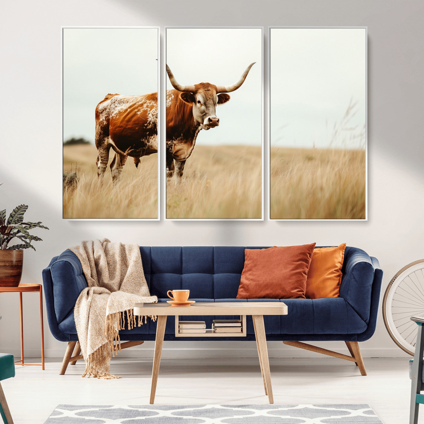 MGV-FC-48X32-3P - Texas Longhorn Canvas Wall Art Print – Majestic Western Cattle in Rustic Farmhouse Decor – Cow Wall