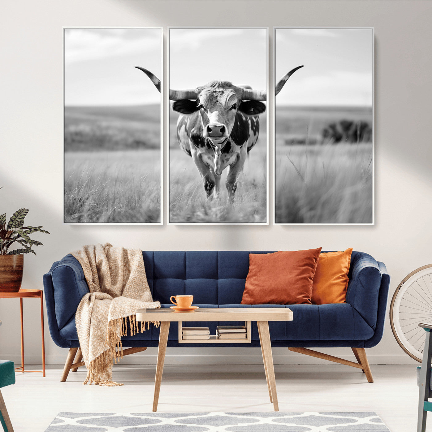 MGV-FC-48X32-3P - Texas Cow Longhorn Wall Art Canvas Print for Farm House Wall Decor, Farmhouse Wall Art Print