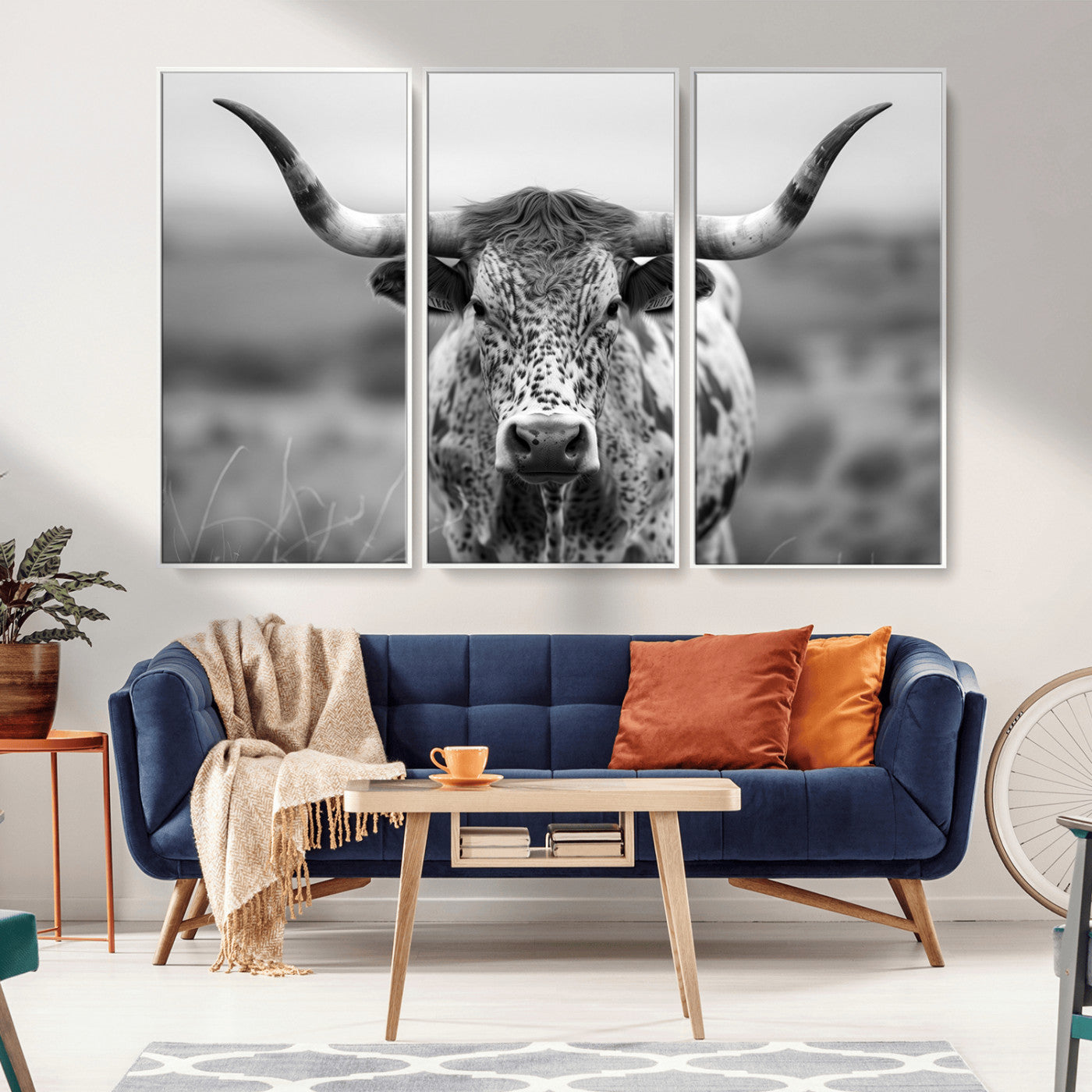 MGV-FC-48X32-3P - Texas Cow Longhorn Wall Art Canvas Print for Farm House Wall Decor, Farmhouse Wall Art Print