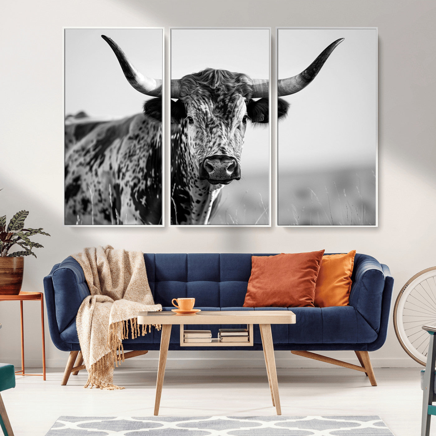 MGV-FC-48X32-3P - Texas Highland Cow Longhorn Canvas Print - Rustic Farmhouse Wall Art - Large Texas Longhorn