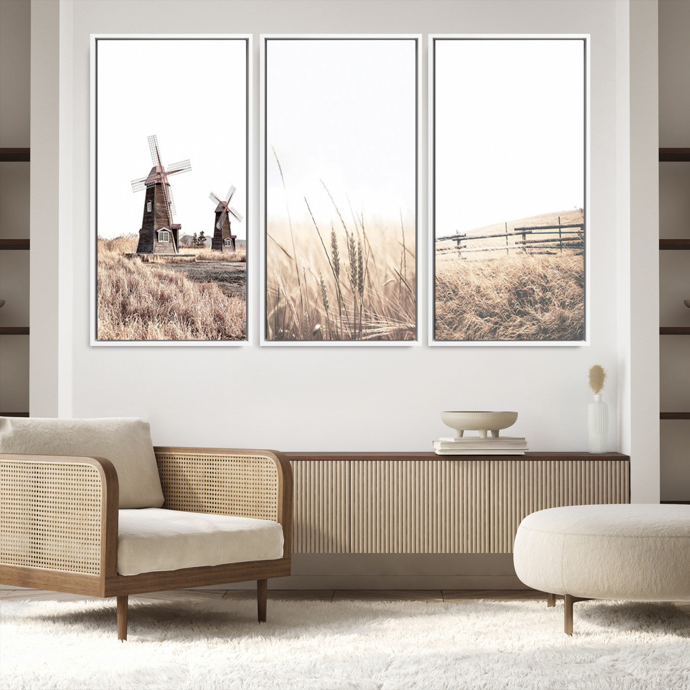 56649-MGV-FC-48X32-3P_White-Farm Prints Set, Farmhouse Wall Art Canvas, Country House Decor, Country House Decor, Barn Print, Wheat Print