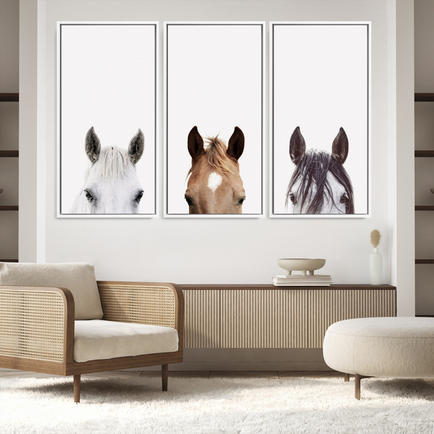 59160-MGV-FC-48X32-3P_White-Horse Prints Set, Set of 3 Horse Wall Art, Horses Portraits, Farmhouse Wall Art, Farm Animals Canvas, Animals Portraits Set, Horse Poster