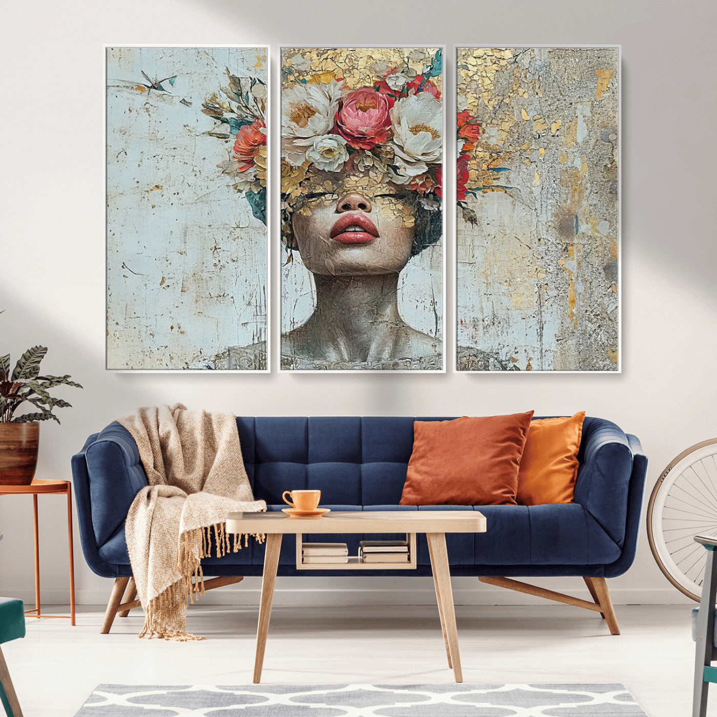 MGV-FC-48X32-3P - Golden Petal Wall Art Canvas Print - Silhouette Woman Wall Art Canvas Print, Floral Woman Portrait