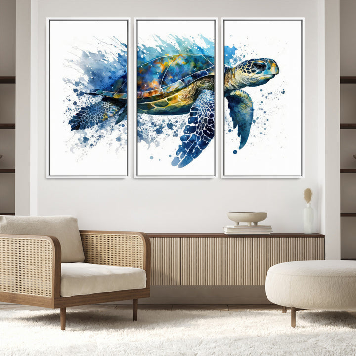 The Turtle Wall Art Print, featuring blue splashes, beautifully showcases Ocean Life.