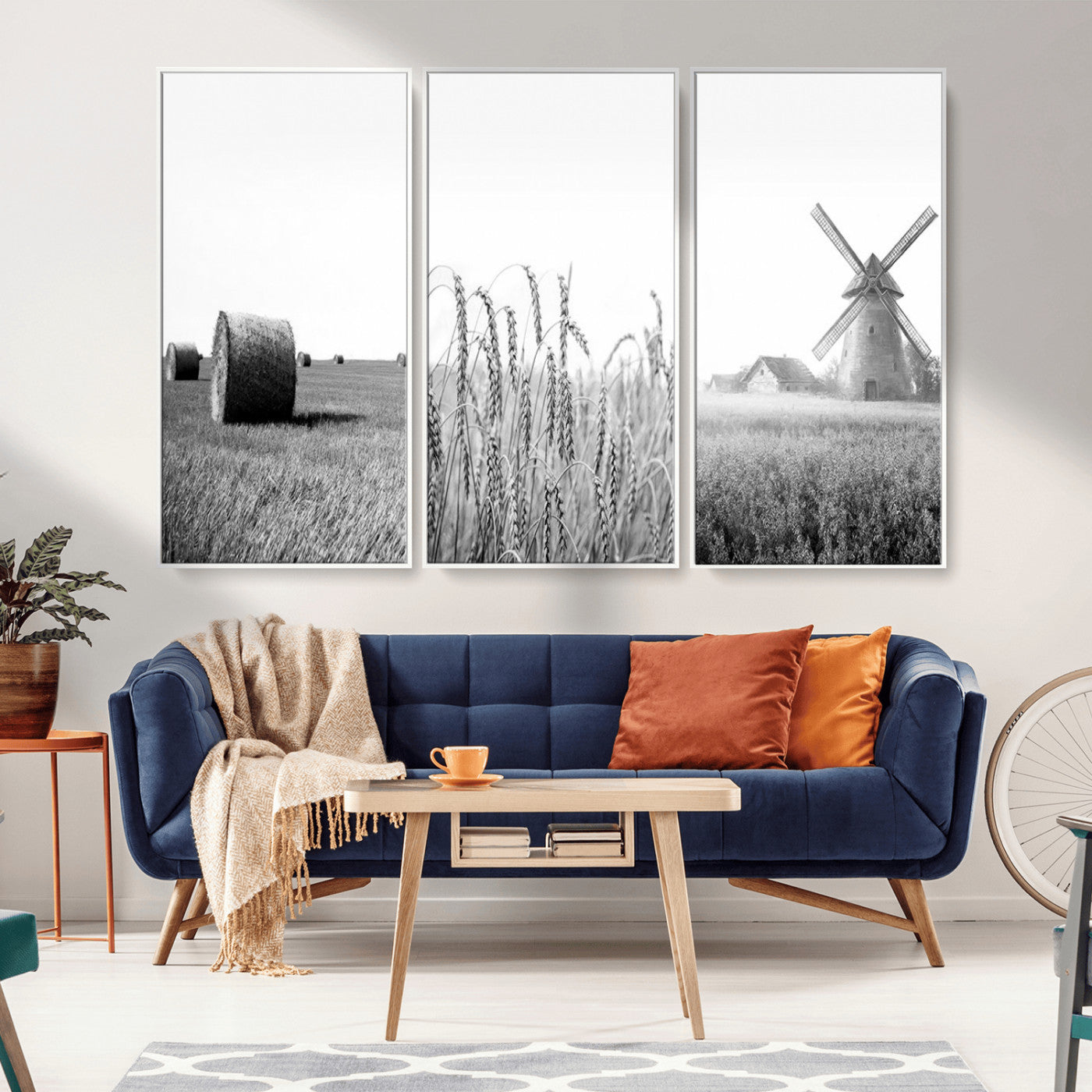 MGV-FC-48X32-3P - Vintage Farmhouse Black and White Triptych Wall Art – Giclee Canvas Featuring Wheat Fields, Hay
