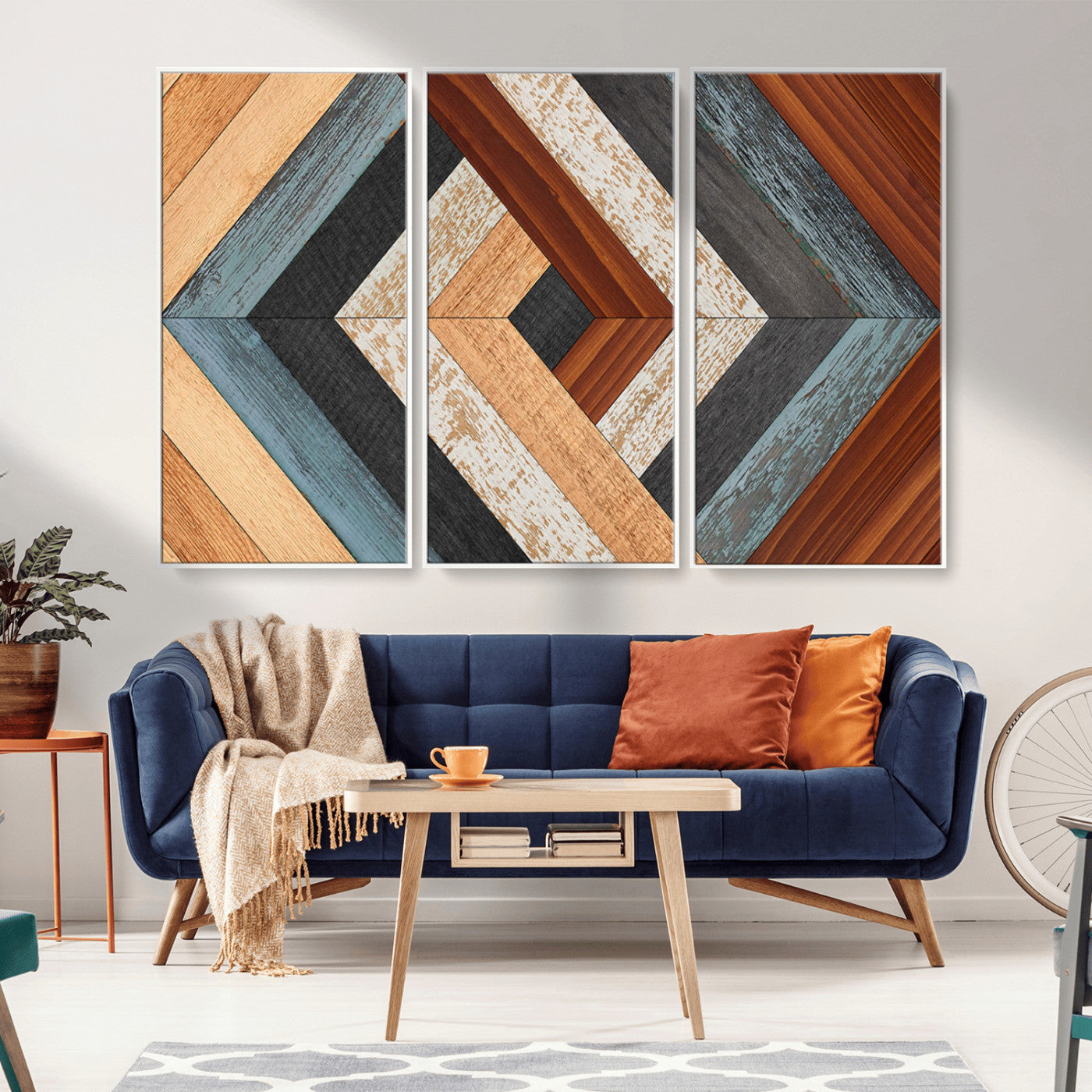 MGV-FC-48X32-3P - Geometric Wood Art Wall Decor Canvas Print, Rustic Wooden Pattern Triptych Wall Art for Living Room