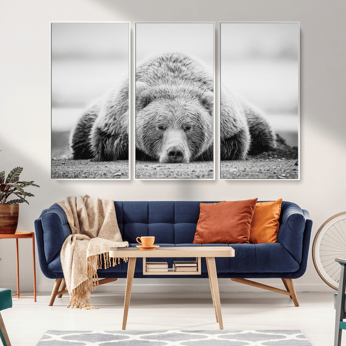 MGV-FC-48X32-3P - Resting Grizzly Bear Wall Art Canvas Print – Majestic Lazy Black and White Wildlife Bear Art,