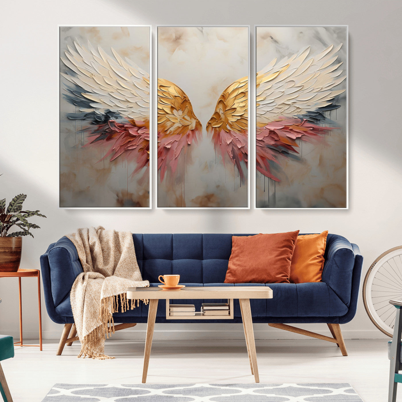 MGV-FC-48X32-3P - Golden Angel Wings Wall Art Canvas Print – Stunning Abstract Winged Art for Elegant Home Decor –