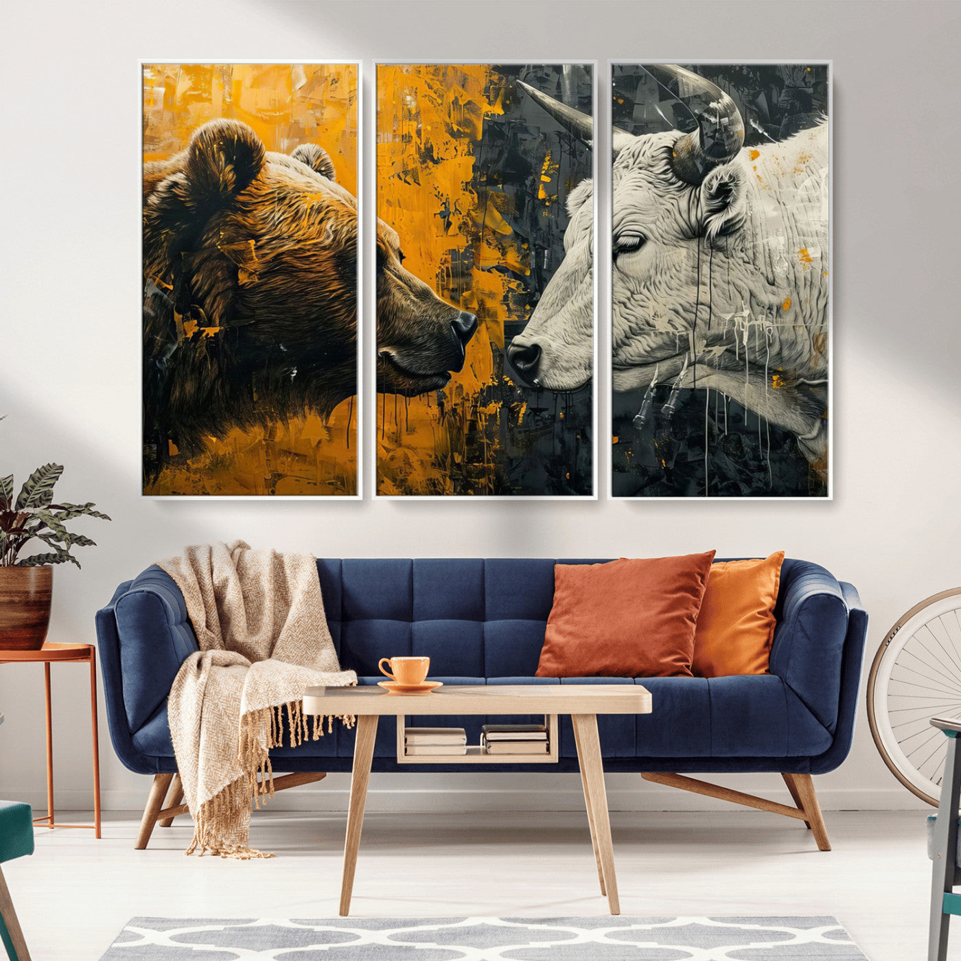 MGV-FC-48X32-3P - Bear and Bull Wall Art Canvas Print – Abstract Animal Portrait Painting for Modern Home Decor –