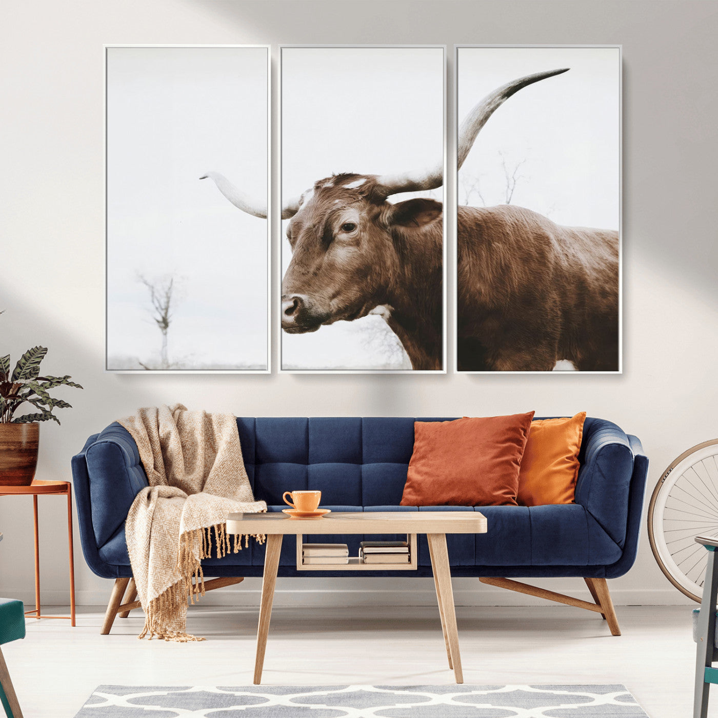 MGV-FC-48X32-3P - Rustic Bull Wall Art Canvas Print – Modern Longhorn Farmhouse Animal Decor – Abstract Farm Cow