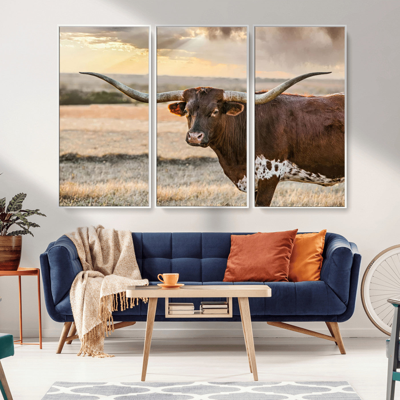 MGV-FC-48X32-3P - Texas Longhorn Wall Art Canvas Print, Rustic Ranch Decor, Majestic Western Longhorn Cattle