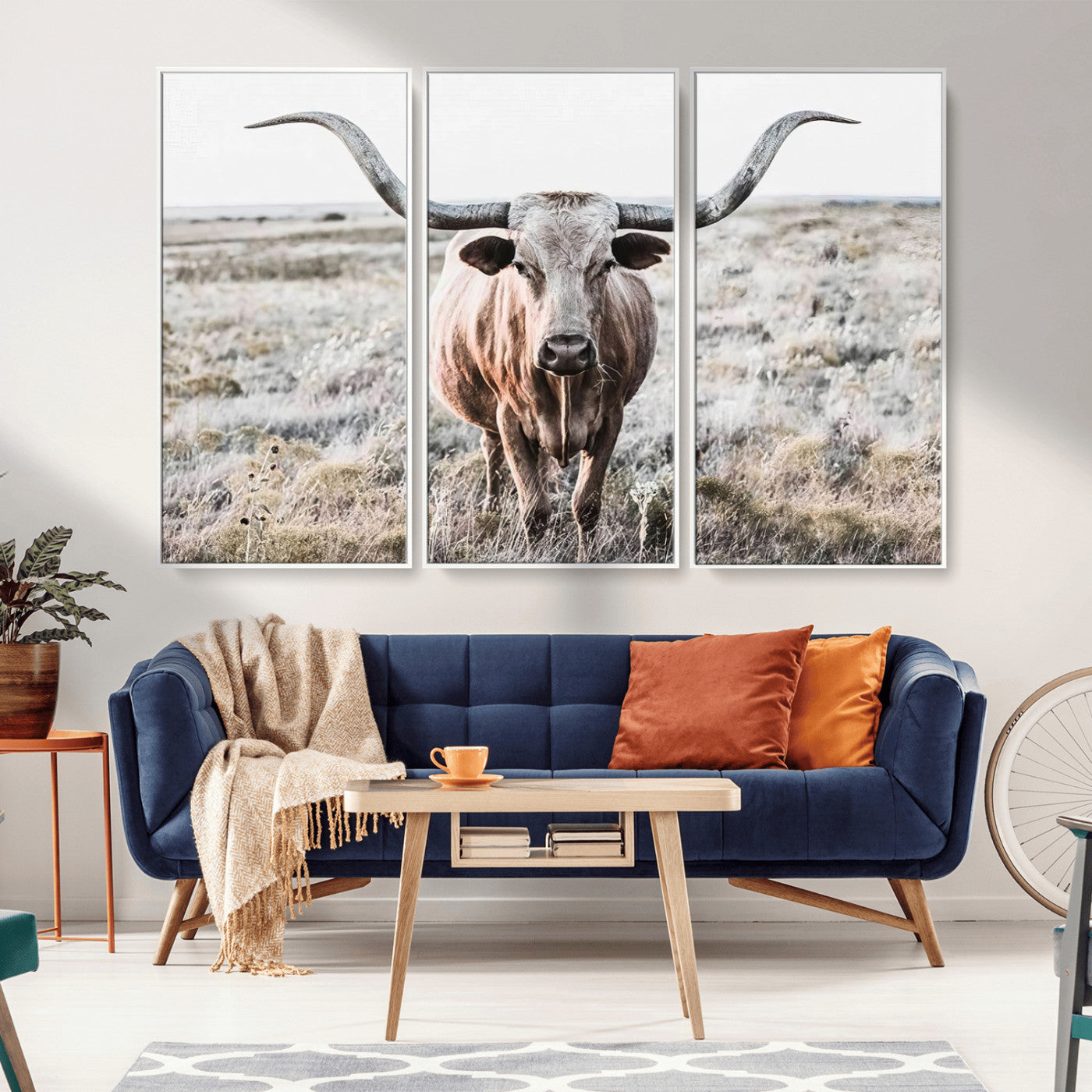-Rustic Texas Longhorn Wall Art Canvas Print | Western Farmhouse Decor for Living Room or Office,