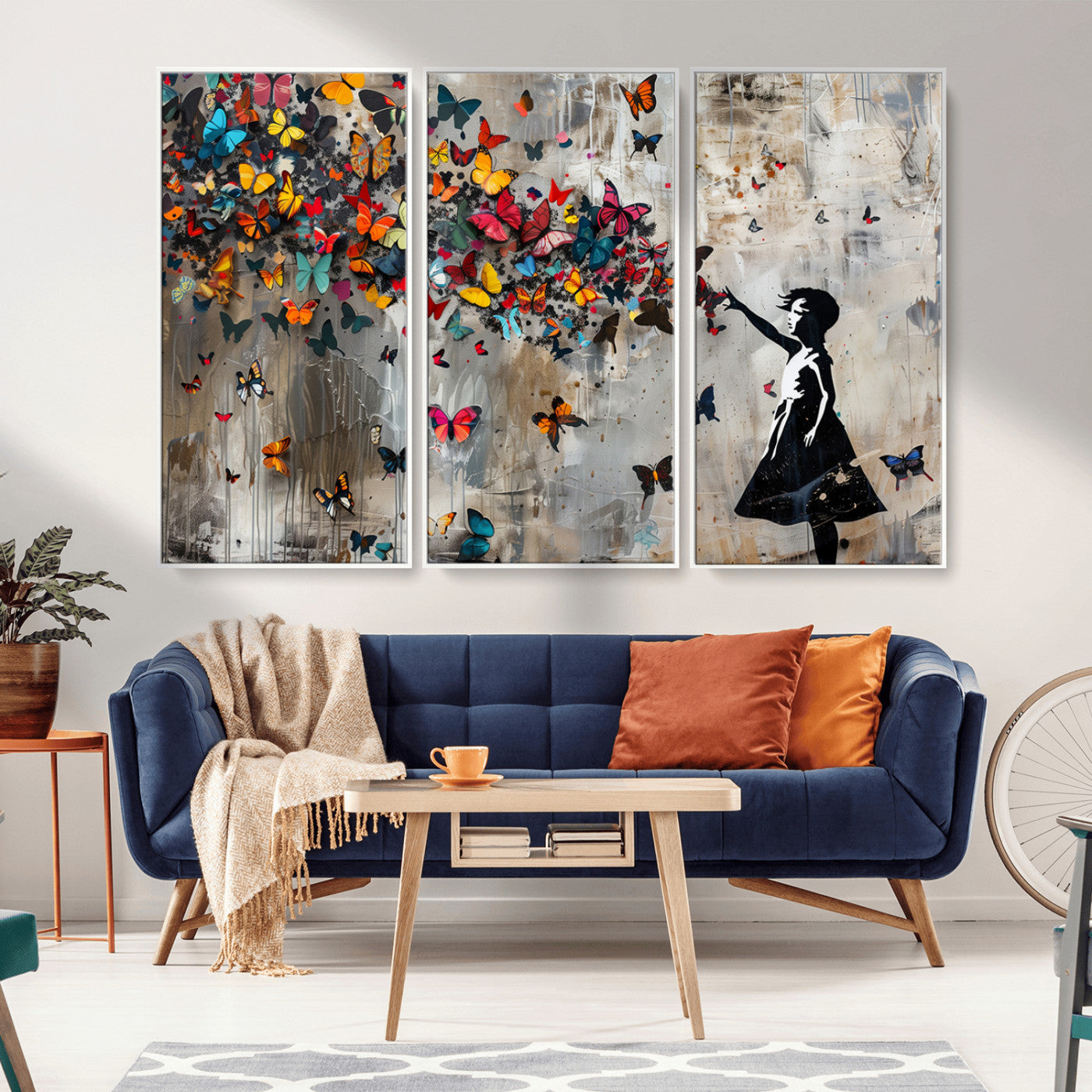 MGV-FC-48X32-3P - Banksy Wall Art - Banksy Girl and Butterfly Explosion Wall Art Canvas Print | Girl with Butterflies
