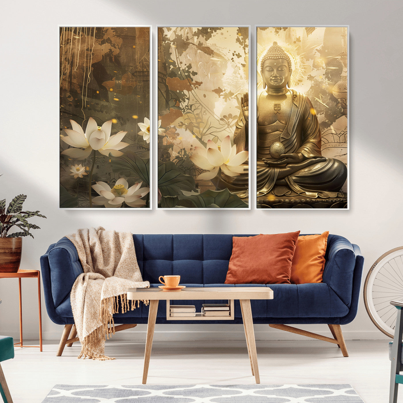 MGV-FC-48X32-3P - Zen Buddha Wall Art Canvas Print | Peaceful Meditation Decor with Lotus Flowers | Spiritual Serenity