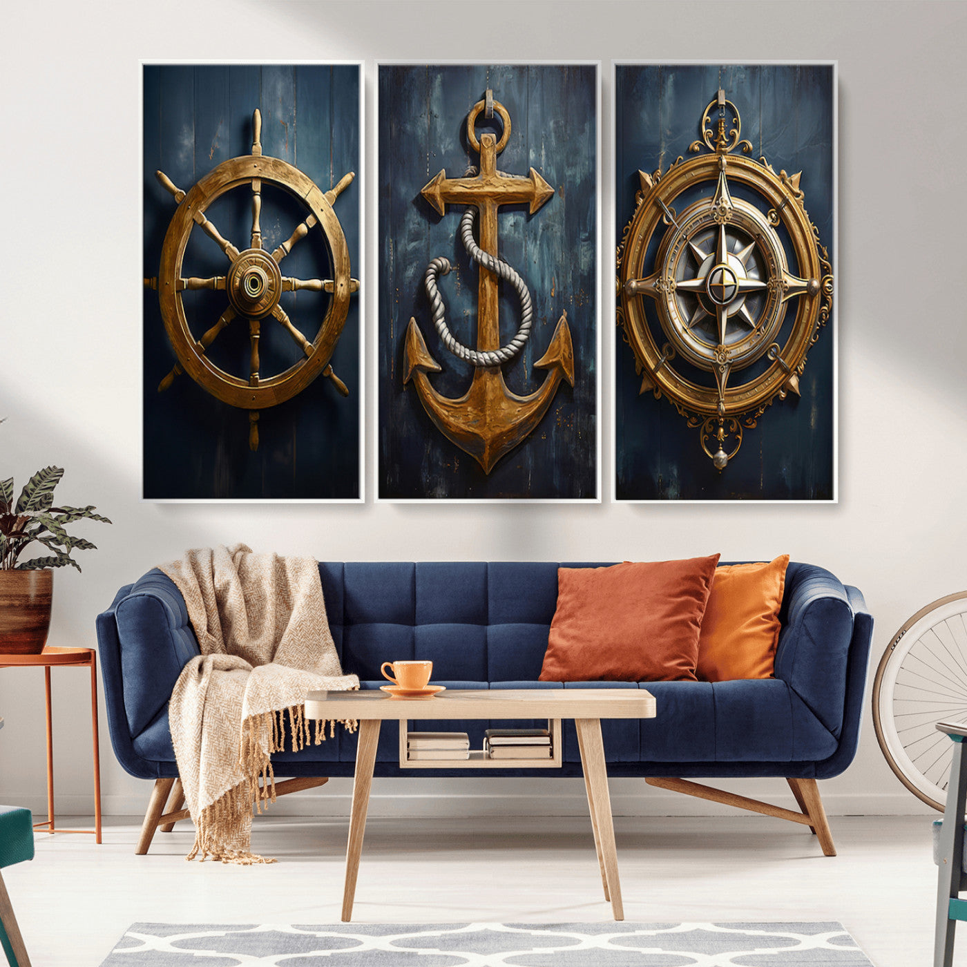 MGV-FC-48X32-3P - Boat Anchor Compass With Rope Wall Art Canvas Print | Beach House Wall Art