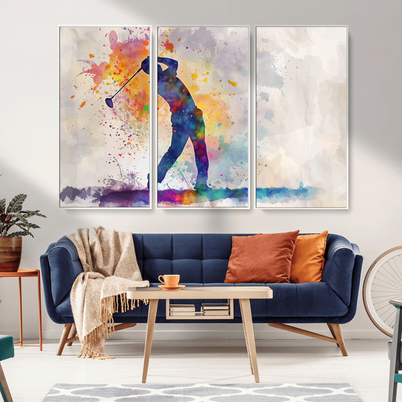 MGV-FC-48X32-3P - Watercolor Golf Swing Wall Art Canvas Print | Vibrant Abstract Golf Player Silhouette |