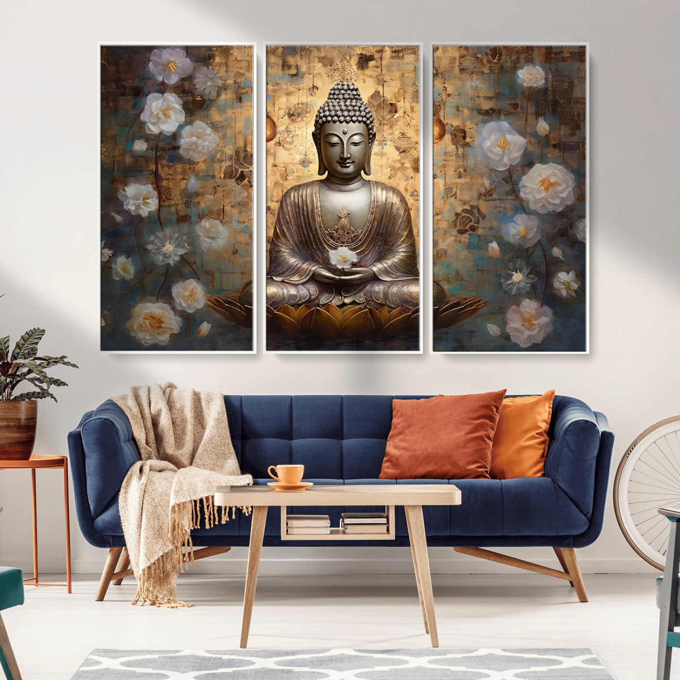 MGV-FC-48X32-3P - Golden Buddha Wall Art Canvas Print | Zen Meditation Floral Decor | Tranquil Spiritual Home Art |