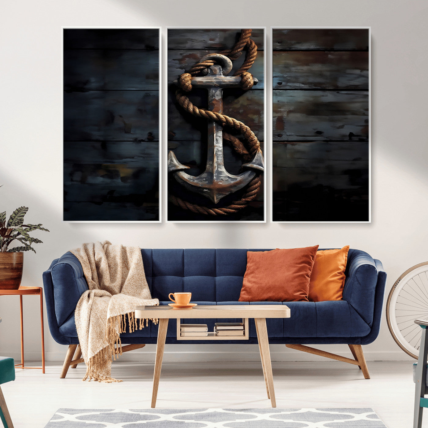 MGV-FC-48X32-3P - 3 Panel Grunge Abstract Anchor Wall Art Canvas Print Set