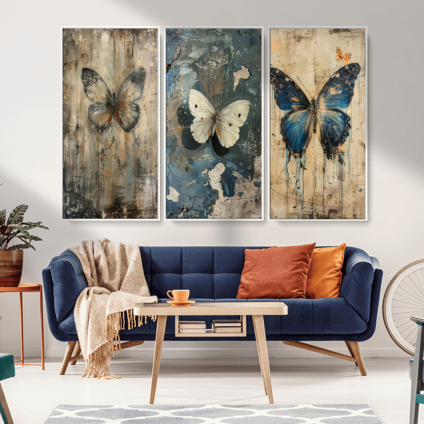 MGV-FC-48X32-3P - Butterfly Wall Art Trio | Vintage Butterfly Canvas Print | Ready to Hang Framed Artwork for