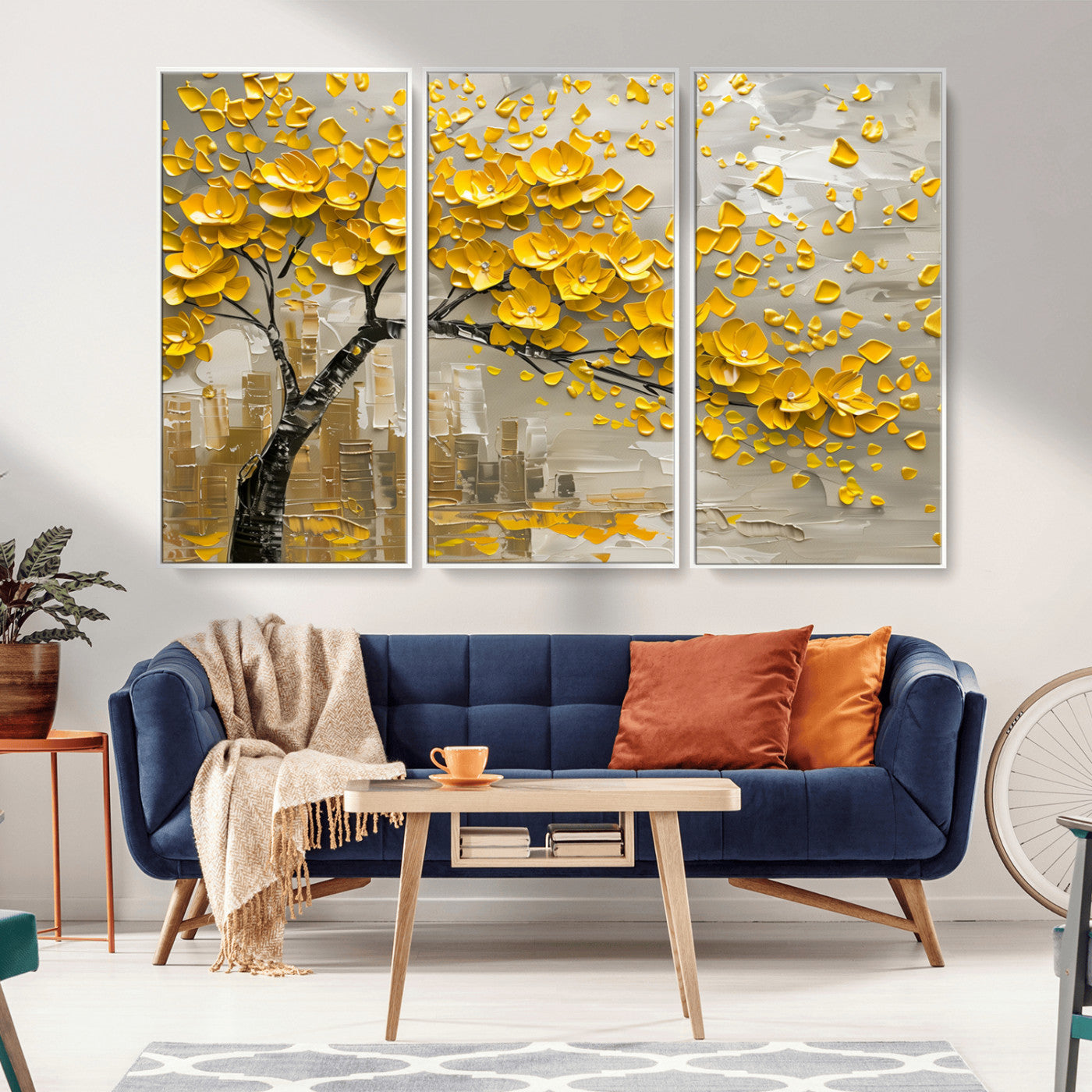 MGV-FC-48X32-3P - Yellow Blossom Tree Canvas Wall Art - Floral Abstract Modern Contemporary Artwork for Living Room or