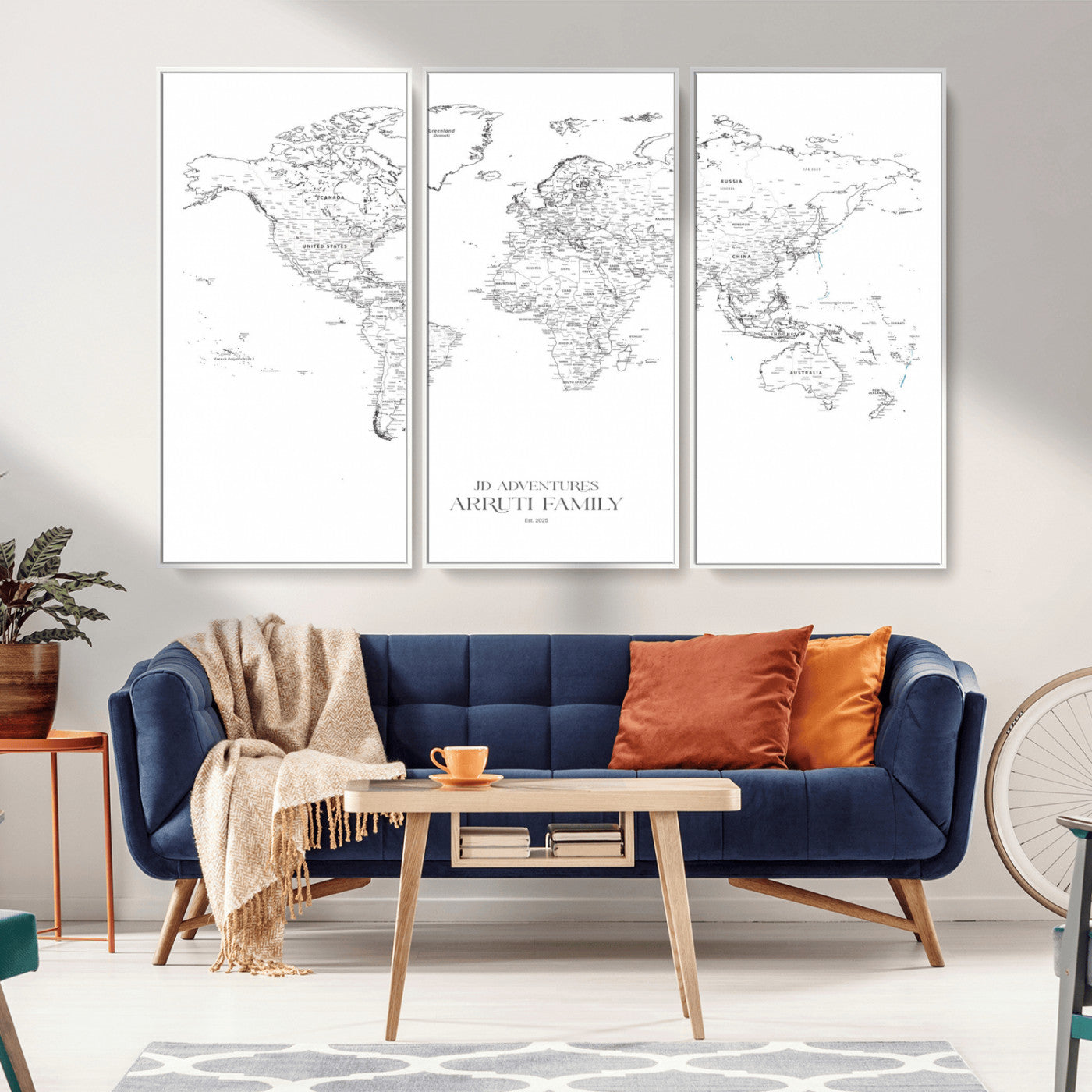 MGV-FC-48X32-3P - Custom World Map Wall Art – Personalized Framed Canvas Print with Push Pins for Travel Tracking,