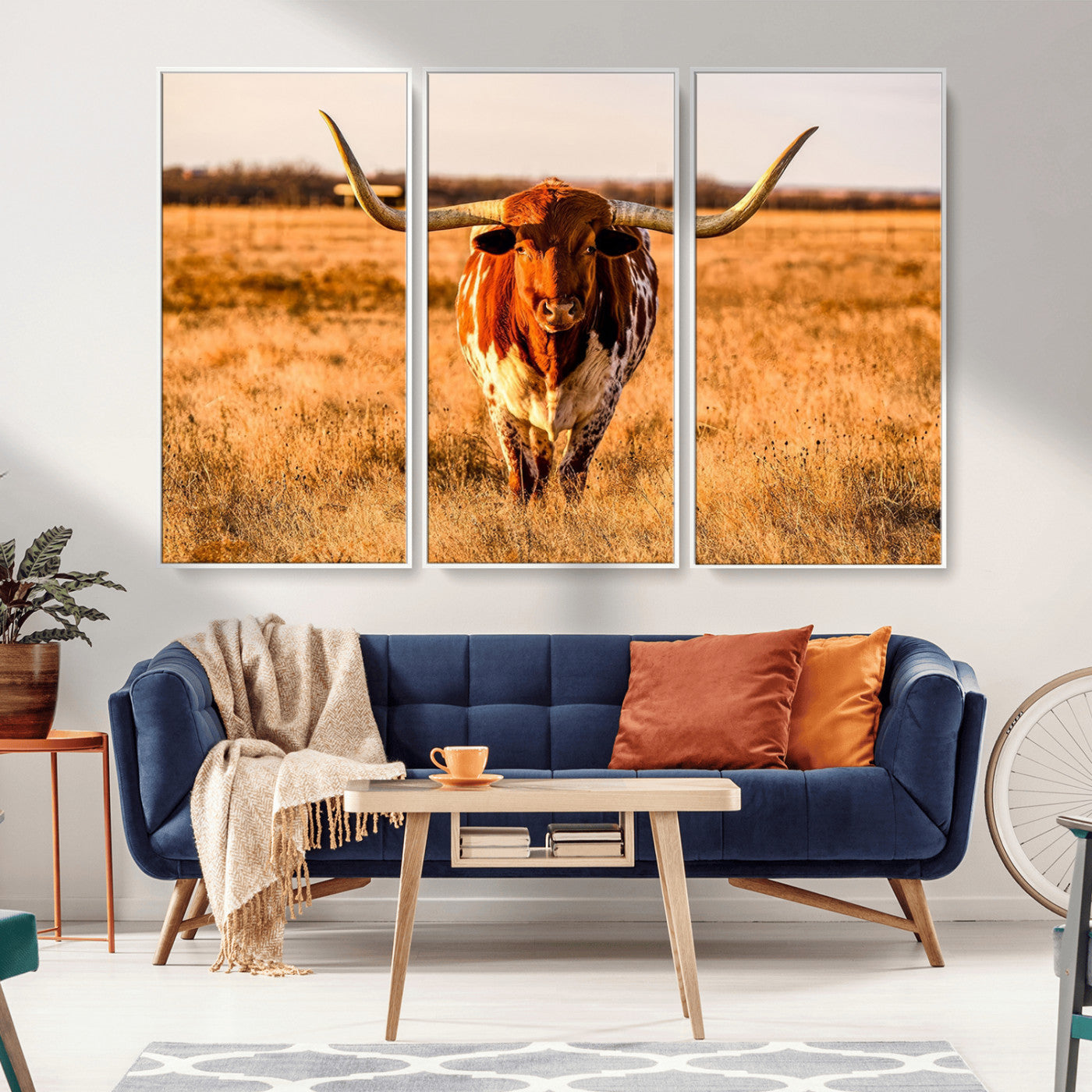 MGV-FC-48X32-3P - Longhorn Cow Wall Art | Ready to Hang Framed Canvas Print for Farmhouse and Barn Decor