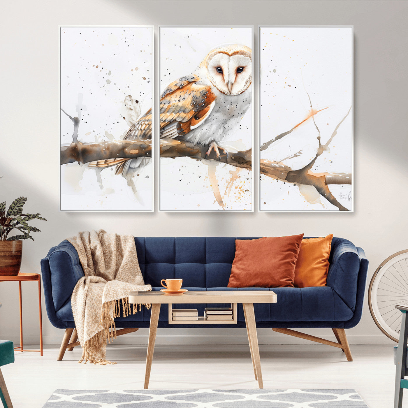 MGV-FC-48X32-3P - Barn Owl Wall Art on Branch | Stunning Canvas Print for Nature Lovers | Ready to Hang and Framed