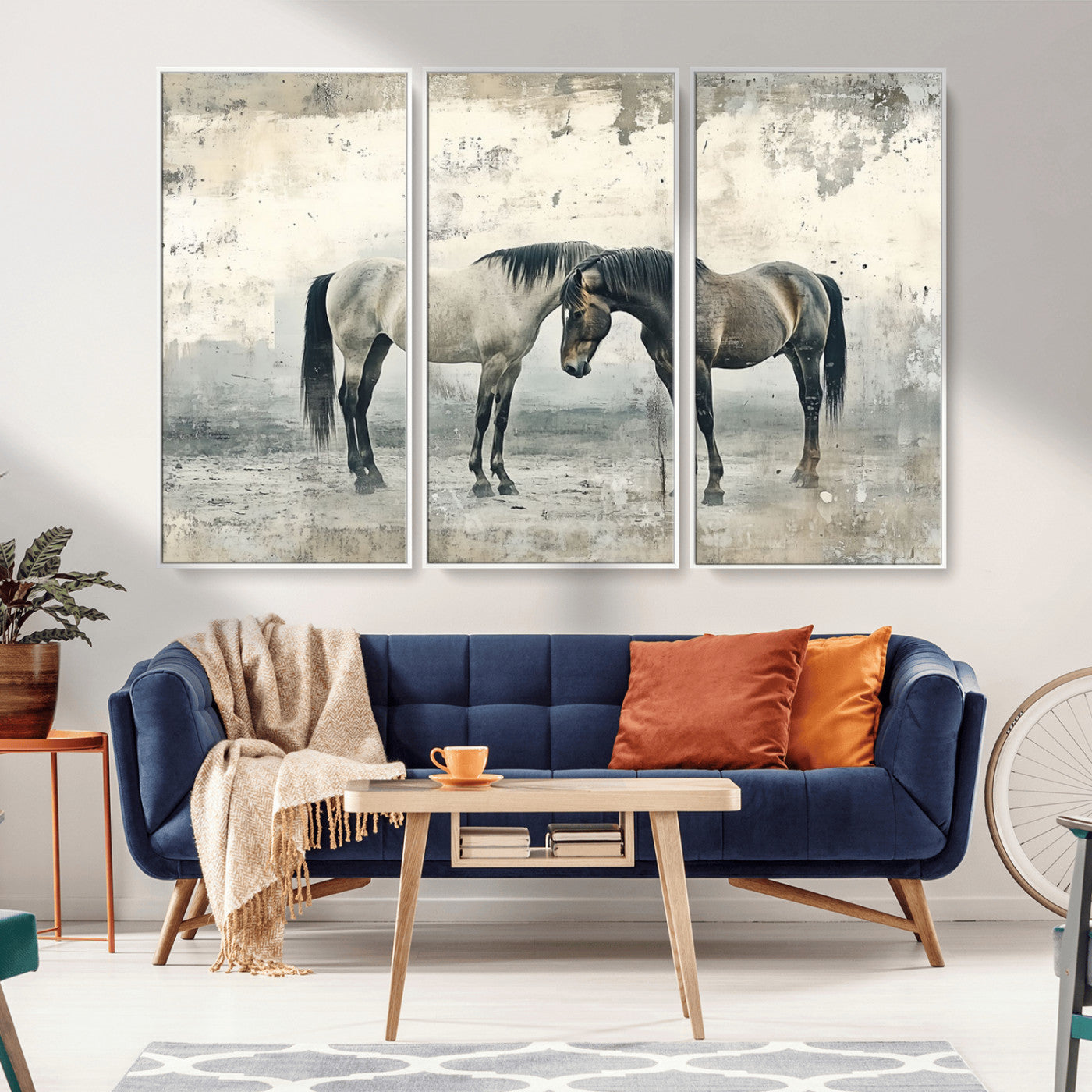 MGV-FC-48X32-3P - Chines Style Majestic Horses Wall Art | Ready to Hang and Framed Triptych Print | Western Farmhouse