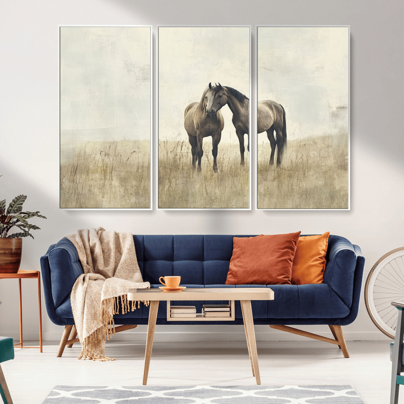 MGV-FC-48X32-3P - Chines Style Grunge Horses Wall Art Canvas Print