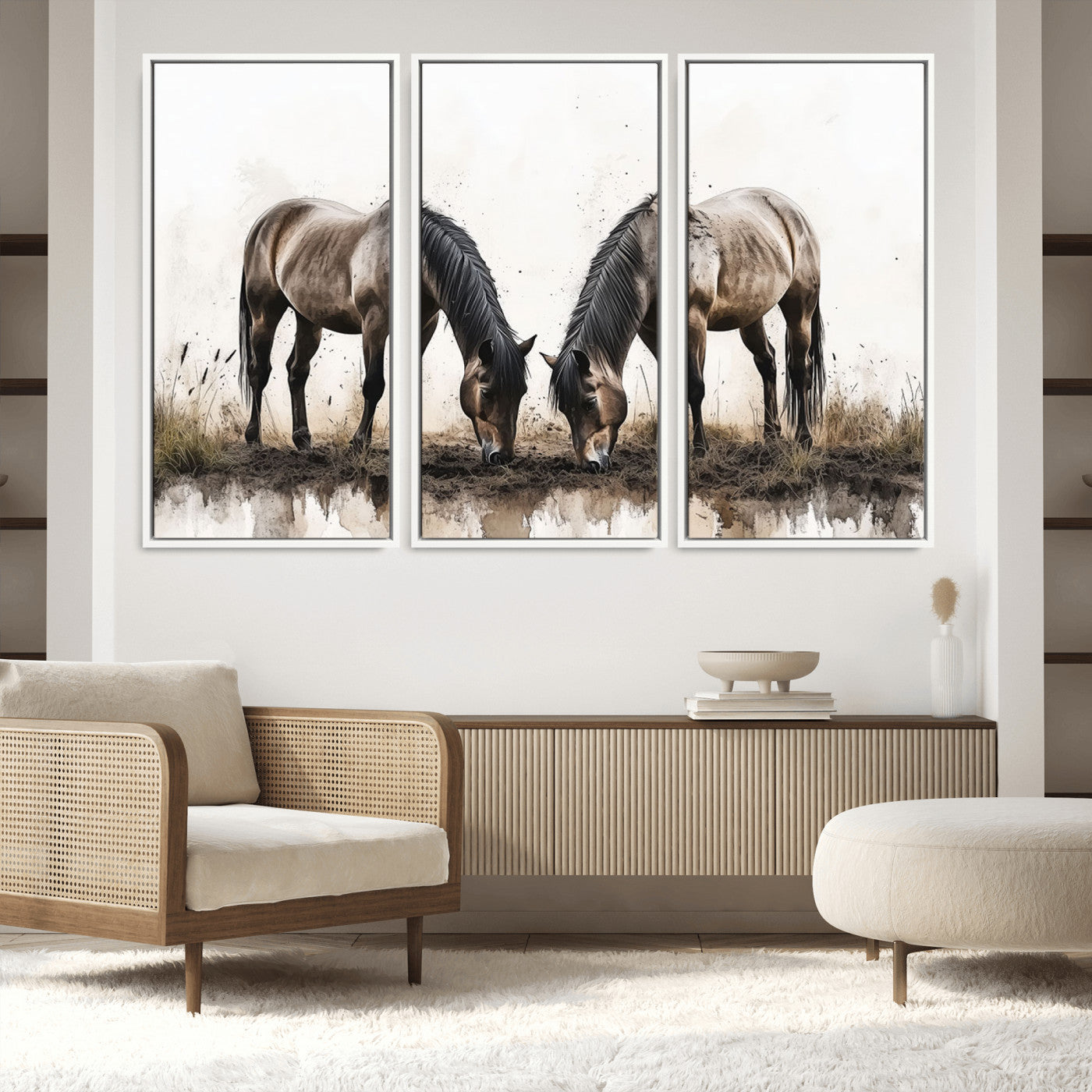 71729-MGV-FC-60X40-3P_White-Chines Ink Style Horses Wall Art Canvas Print