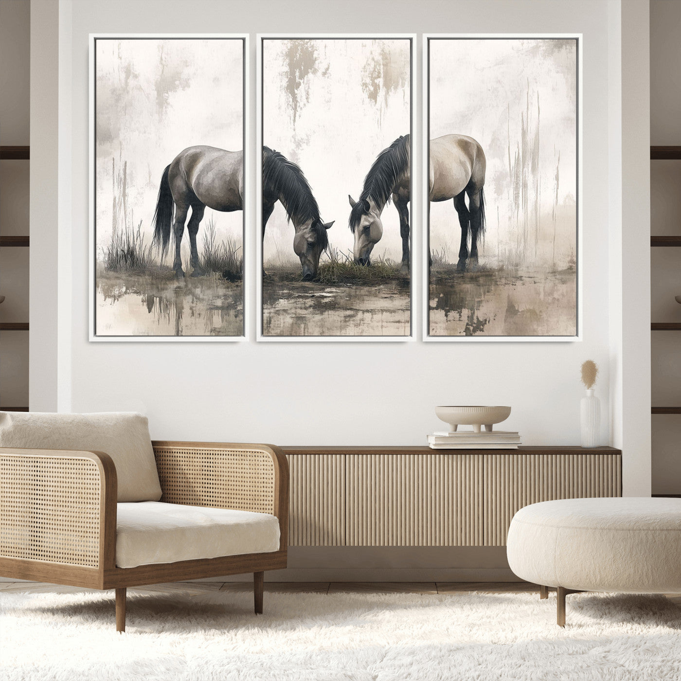 35494-MGV-FC-60X40-3P_White-Chines Ink Style Vintage Horses Wall Art Canvas Print for Farmhouse Wall Decor