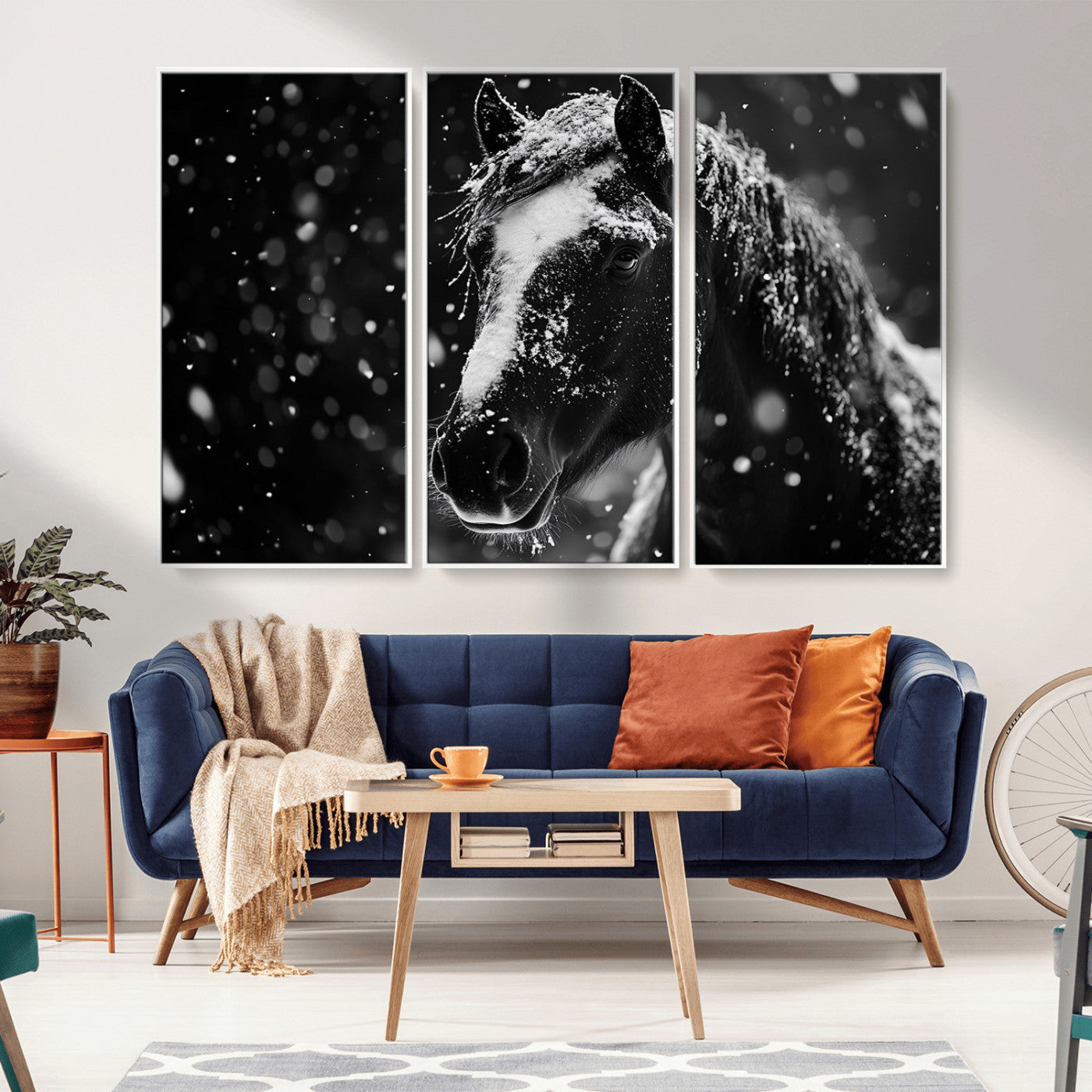 MGV-FC-48X32-3P - Winter Horse Wall Art | Black and White Horse Print | Ready to Hang and Framed | Farmhouse Wall Art