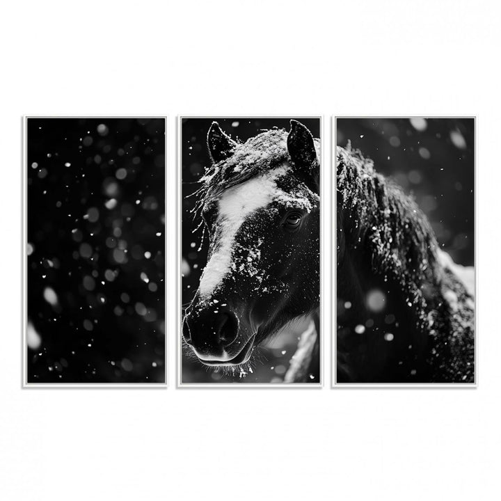 The Winter Horse Wall Art showcases a gentle horse print with snowflakes, ideal for rustic farmhouse or cabin decor.