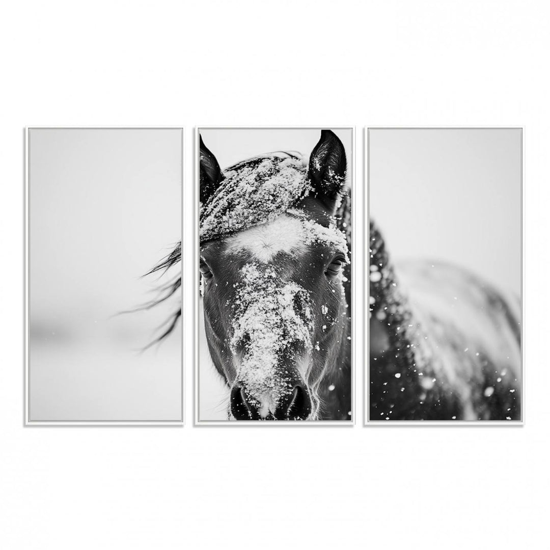 This black and white winter horse wall art enhances any decor; it is ready to hang and framed for a farmhouse or Western style.