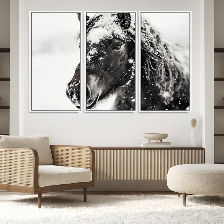 The wall art is a Black and White Horse piece, framed and ready to hang.