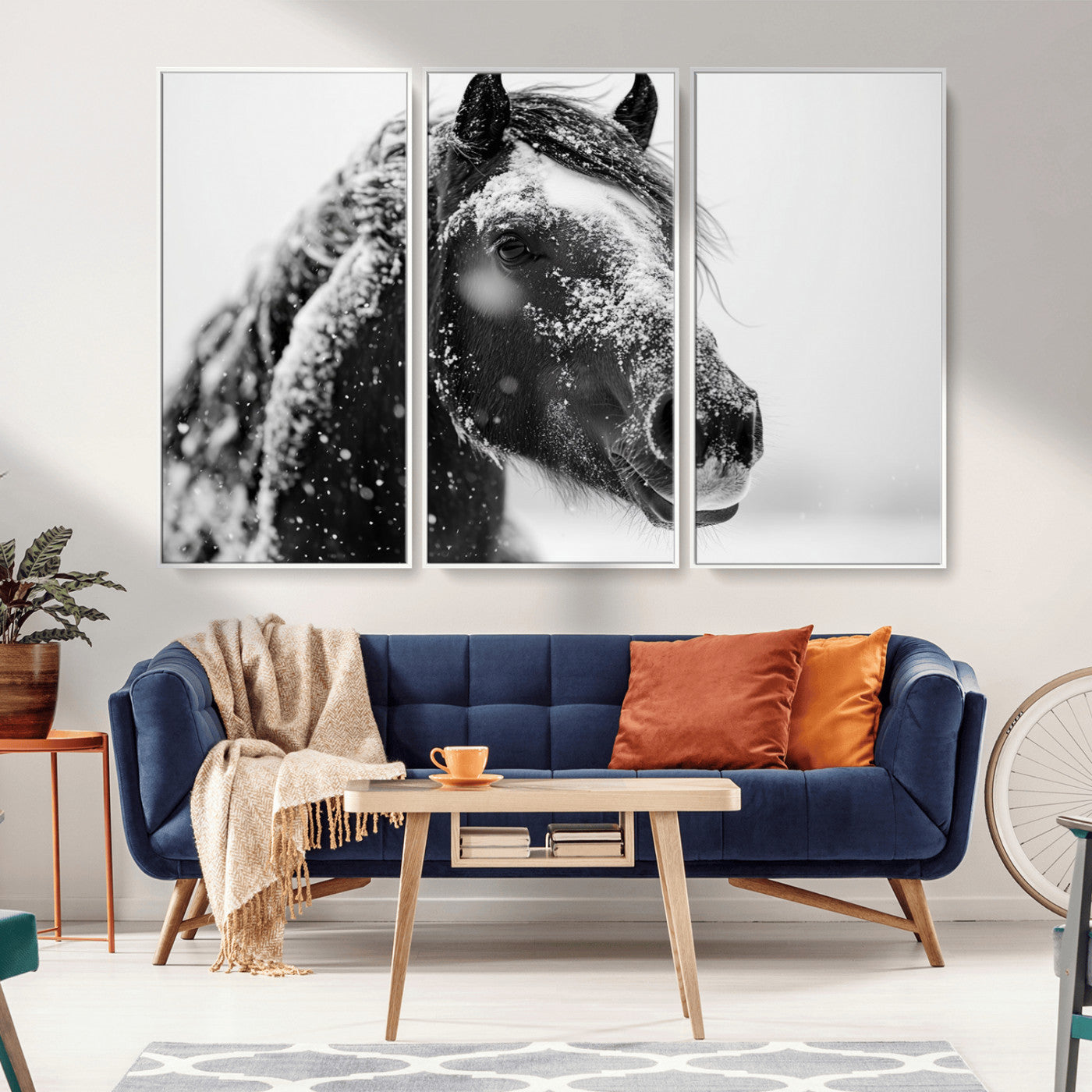 MGV-FC-48X32-3P - Winter Horse Canvas Print | Large 3-Panel Black White Equine Photography for Rustic Farmhouse Wall