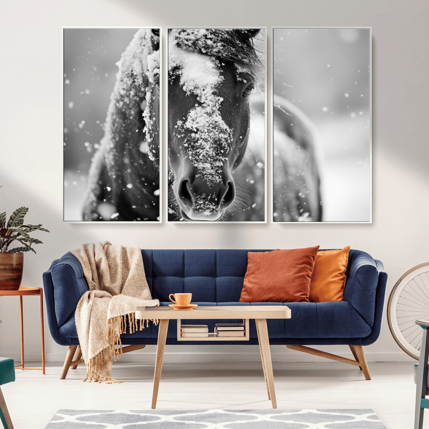MGV-FC-48X32-3P - Black and White Horse Winter Wall Art | Ready to Hang and Framed | Farmhouse Wall Decor | Western