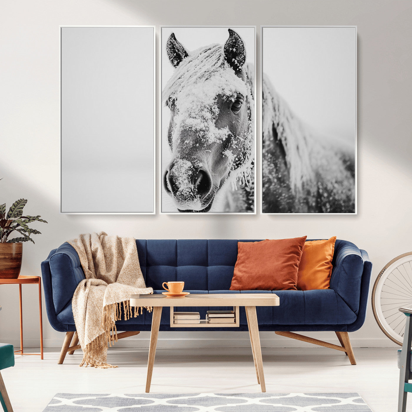 MGV-FC-48X32-3P - White Horse Wall Art | Ready to Hang and Framed | Winter Horse Wall Art Print for Farmhouse and