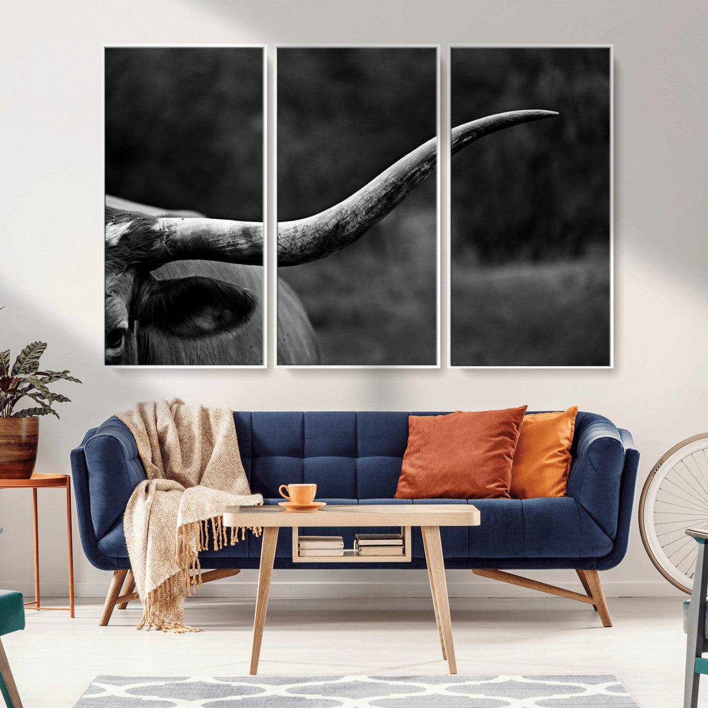 MGV-FC-48X32-3P - Cow Longhorn Wall Art | Black and White Print | Ready to Hang and Framed | Farmhouse Wall Decor |