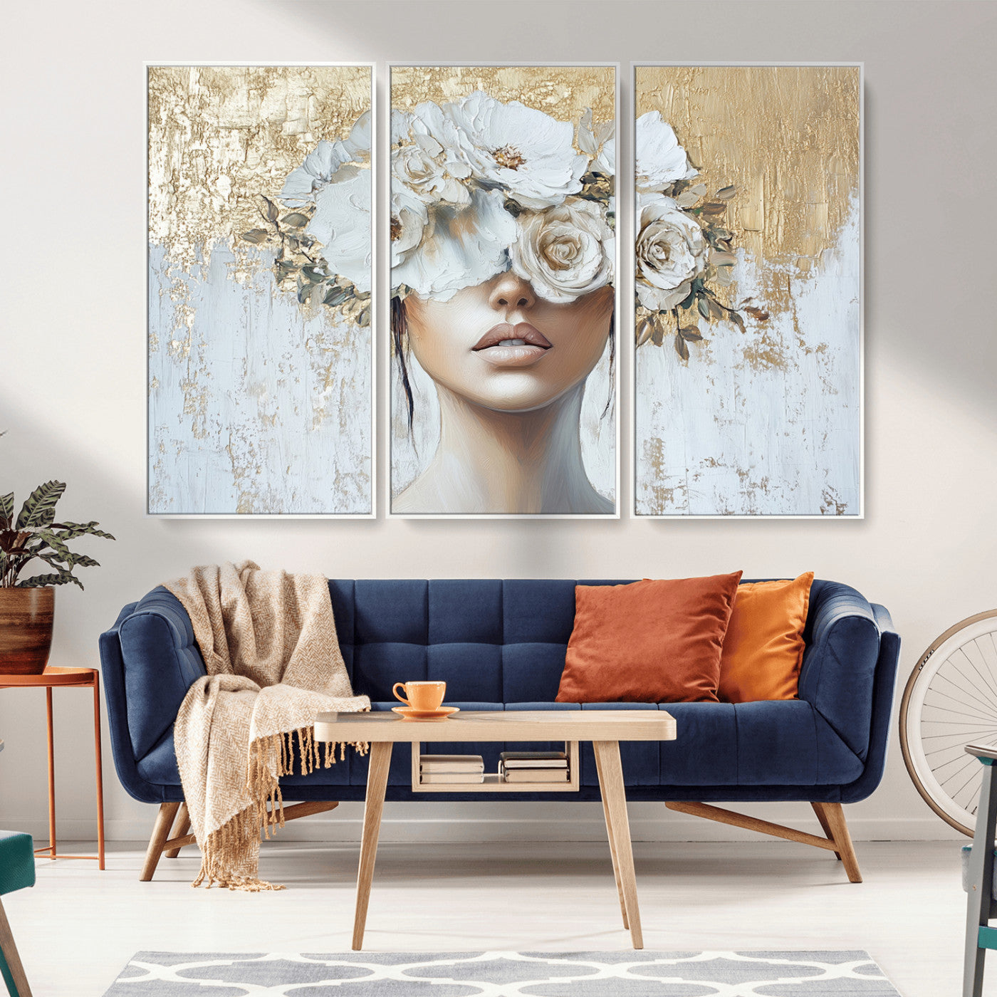 MGV-FC-48X32-3P - Golden Petal Wall Art - Canvas Print Flower Head Woman Painting Floral Woman Portrait Wall Decor,