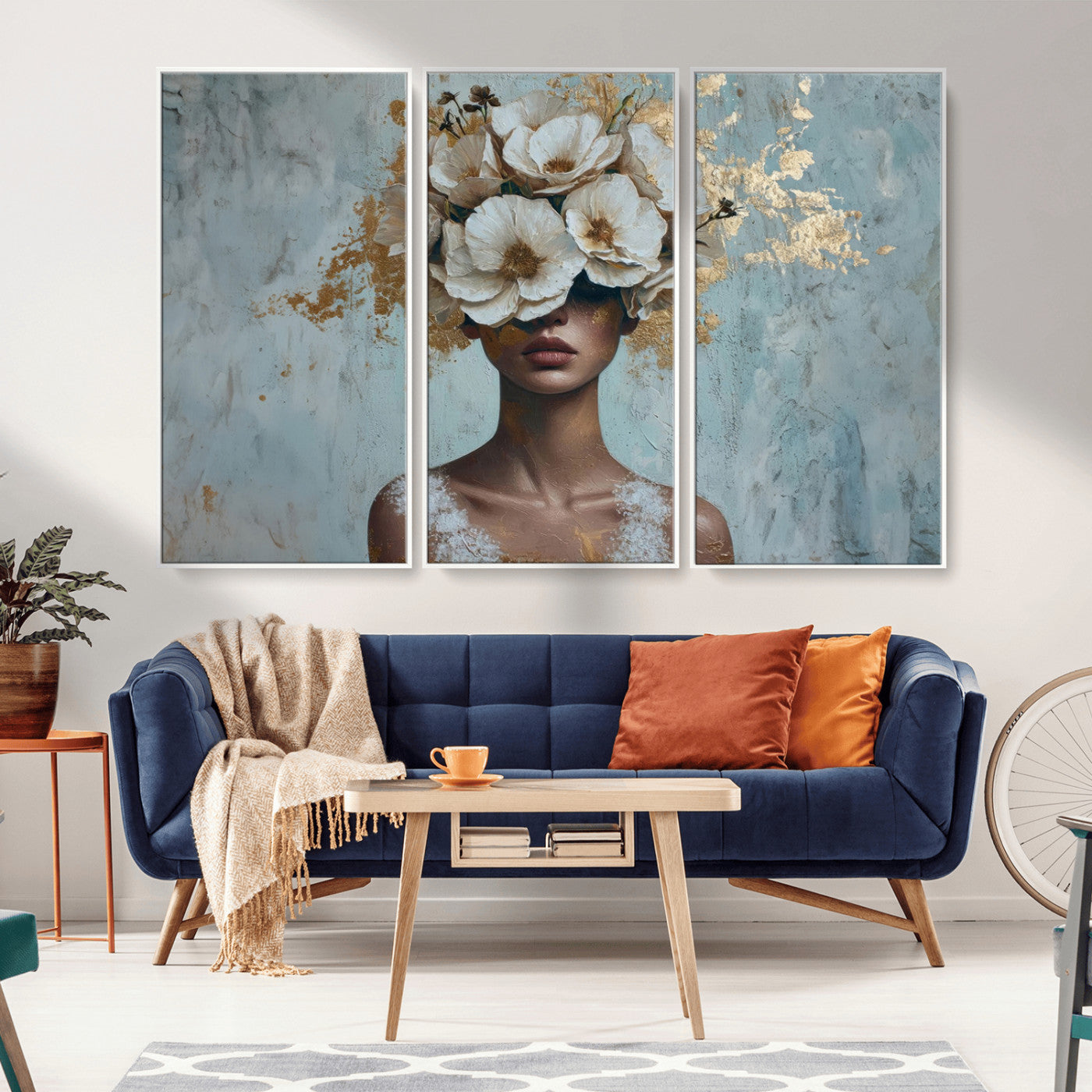 MGV-FC-48X32-3P - Golden Petal Wall Art - Petal Silhouette Woman Wall Art Canvas Print | Large 3-Panel Canvas with