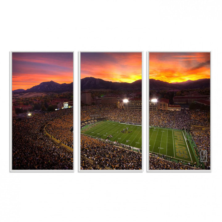 A vibrant mountain sunset at Folsom Field, home of the University of Colorado Football team, is captured in this stunning wall art canvas print.