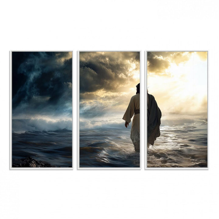 A dramatic sky serves as the backdrop for the Jesus Walking on Water wall art, a perfect piece for Christian home decor.