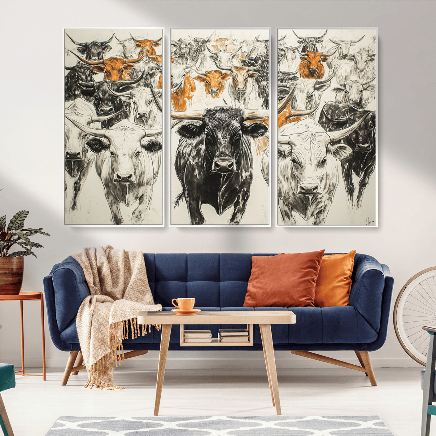 MGV-FC-48X32-3P - Farmhouse Wall Art | Western Longhorn Cattle Canvas Print | Ready to Hang and Framed Barn Decor