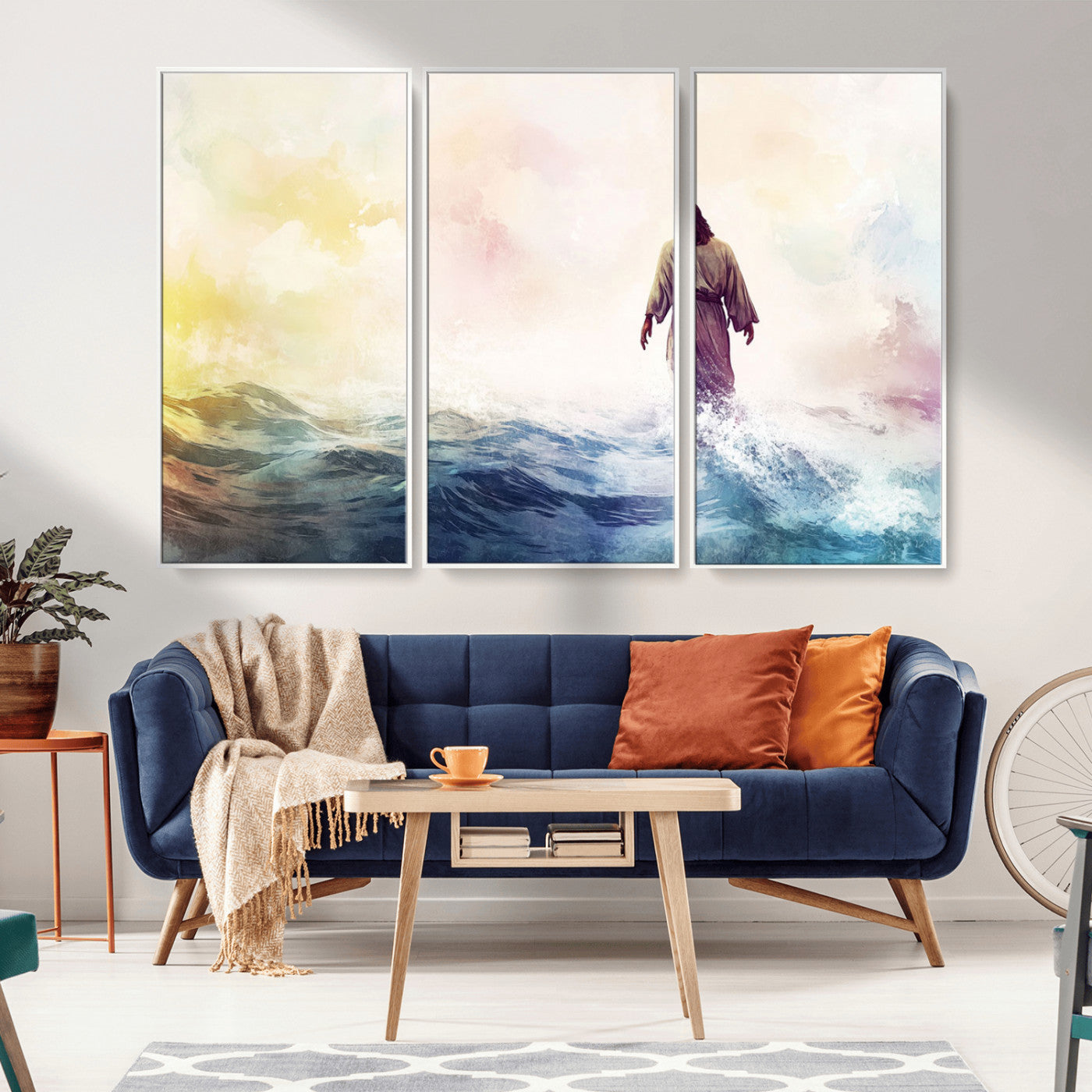 MGV-FC-48X32-3P - Watercolor Jesus Walking on Water Canvas Print, Christian Wall Art, Jesus Christ Walking