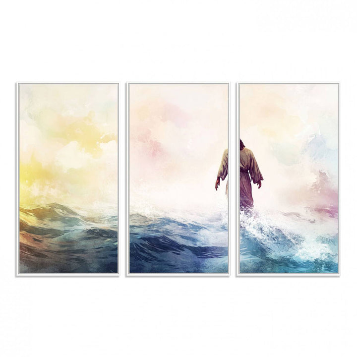 A robed figure strides on water in gentle waves, evoking the Watercolor Jesus Walking on Water canvas art.