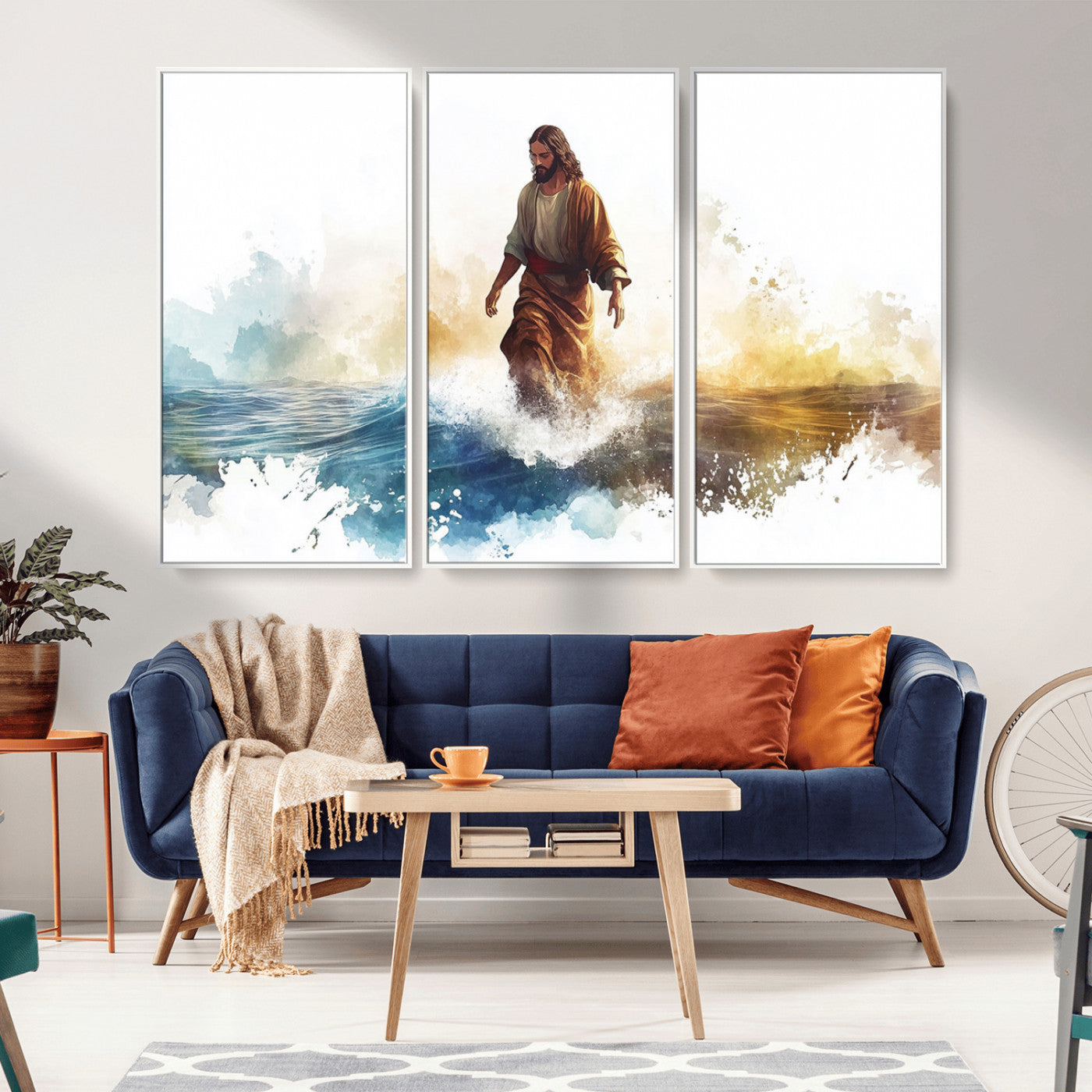 MGV-FC-48X32-3P - Watercolor Jesus Walking Wall Art Print, Jesus Water Canvas Print, Christian Wall Art, Jesus Christ