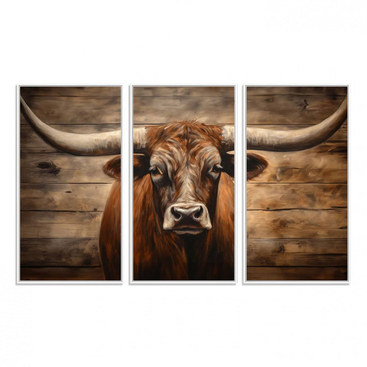 Longhorn Bull Canvas Print: Rustic Farmhouse Decor, Ready to Hang Western Barn Art.